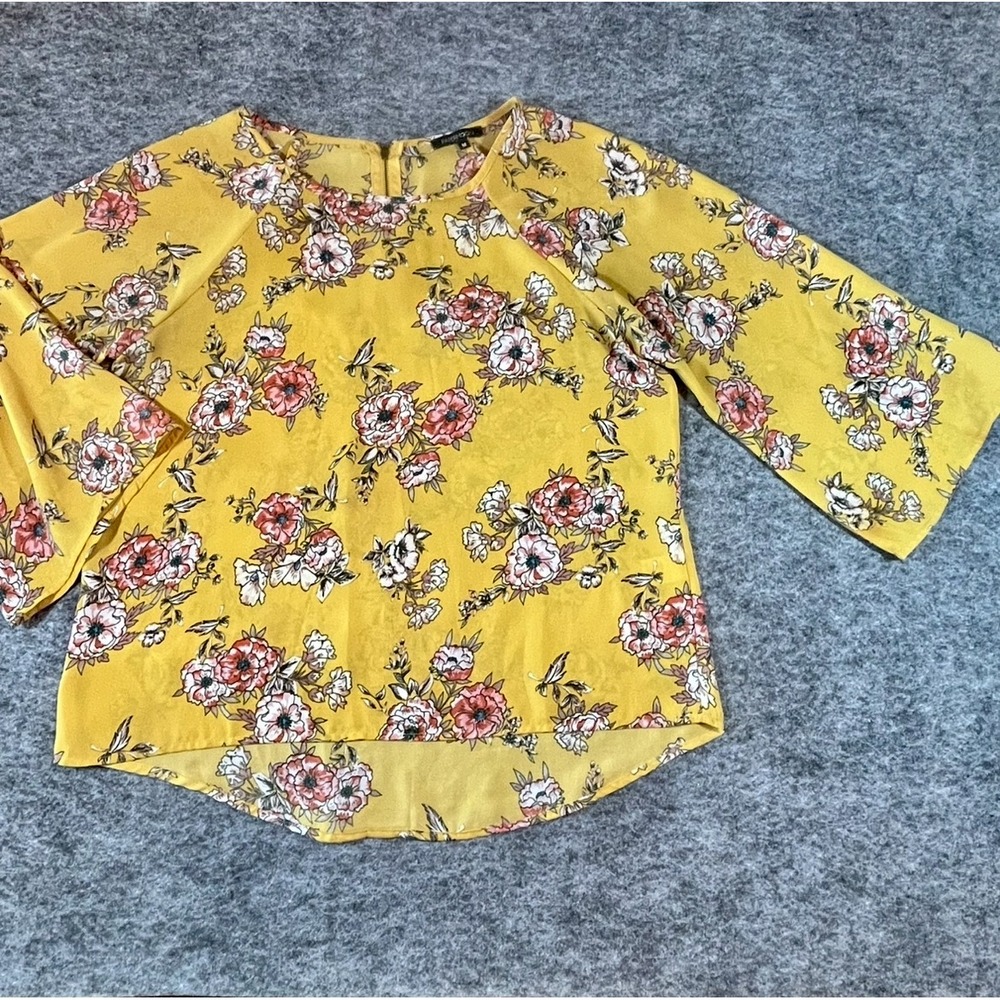 Papermoon Blouse Womens M Yellow Floral 3/4 Bell Sleeve Boho‎ Feminine Peasant